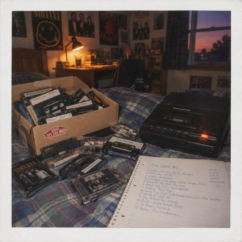 A bedroom desk covered in cassette tapes, a recorder and a hand-written tracklist